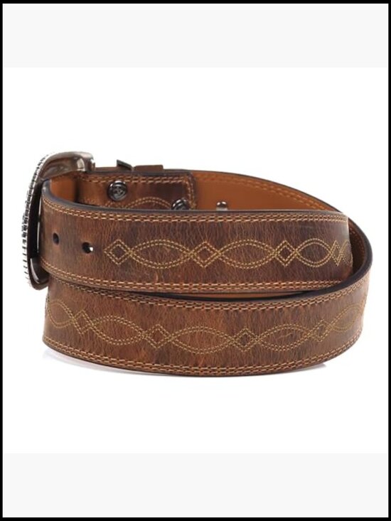 Women\'s Center Stitch Leather Tapered Belt with Removable Antiqued Silver Buckle